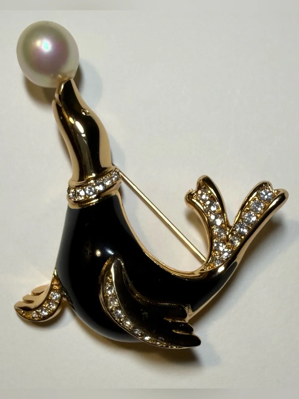 Vintage CHRISTIAN DIOR Black Enamel Crystal Seal Brooch Pearl Accent Gold Plated